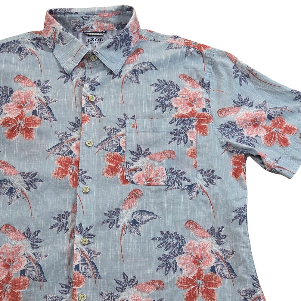 IZOD‎ Saltwater Floral Parrot Print Short Sleeve Button Down Shirt Men's L